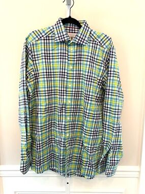 Eton Contemporary Fit Mens Button Up Shirt Plaid Yellow Blue Sz 41/16